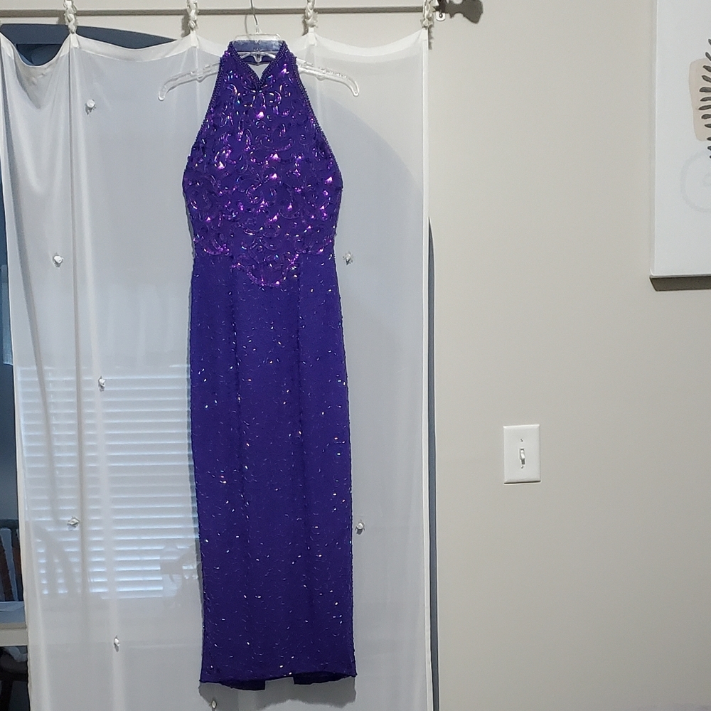 Alyce Designs Special Occasion Purple Beaded Silk Dress